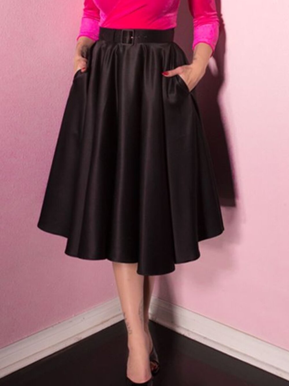 Vixen by Micheline Pitt Black Full Circle Midi Skirt with Belt